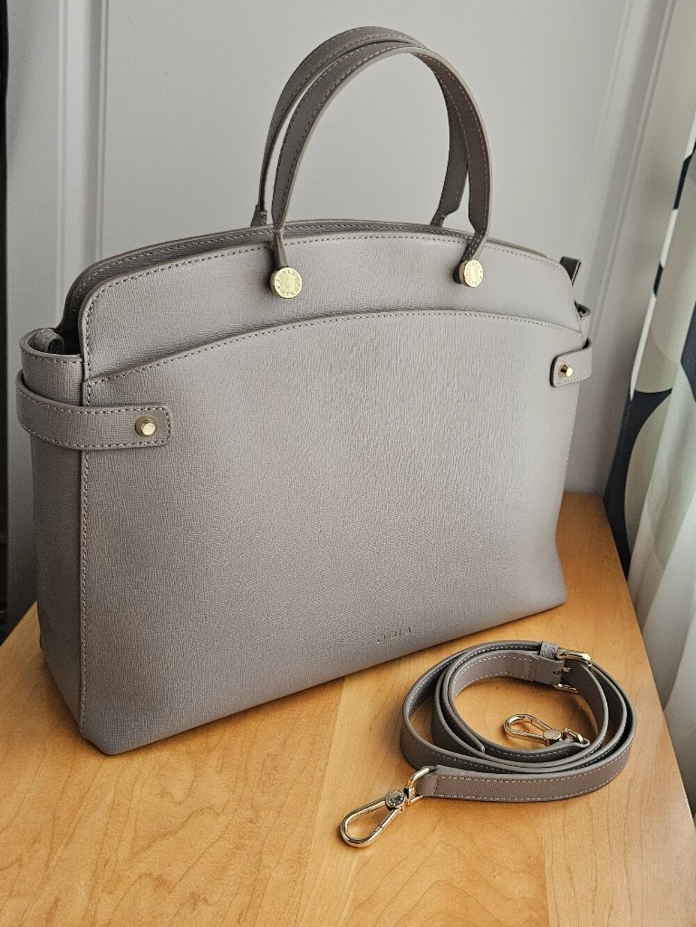 Furla Taupe Leather Top-Handle Satchel with Detachable Strap